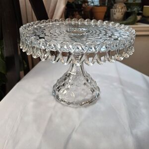 Fostoria American Crystal Cake Stand Cube Pattern Rum Well Vtg APG